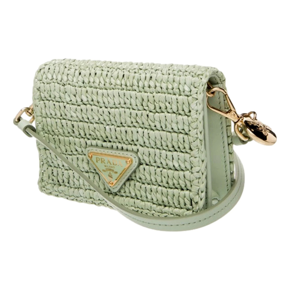 Prada Sage Green Crochet Raffia Mini Shoulder Bag with Leather